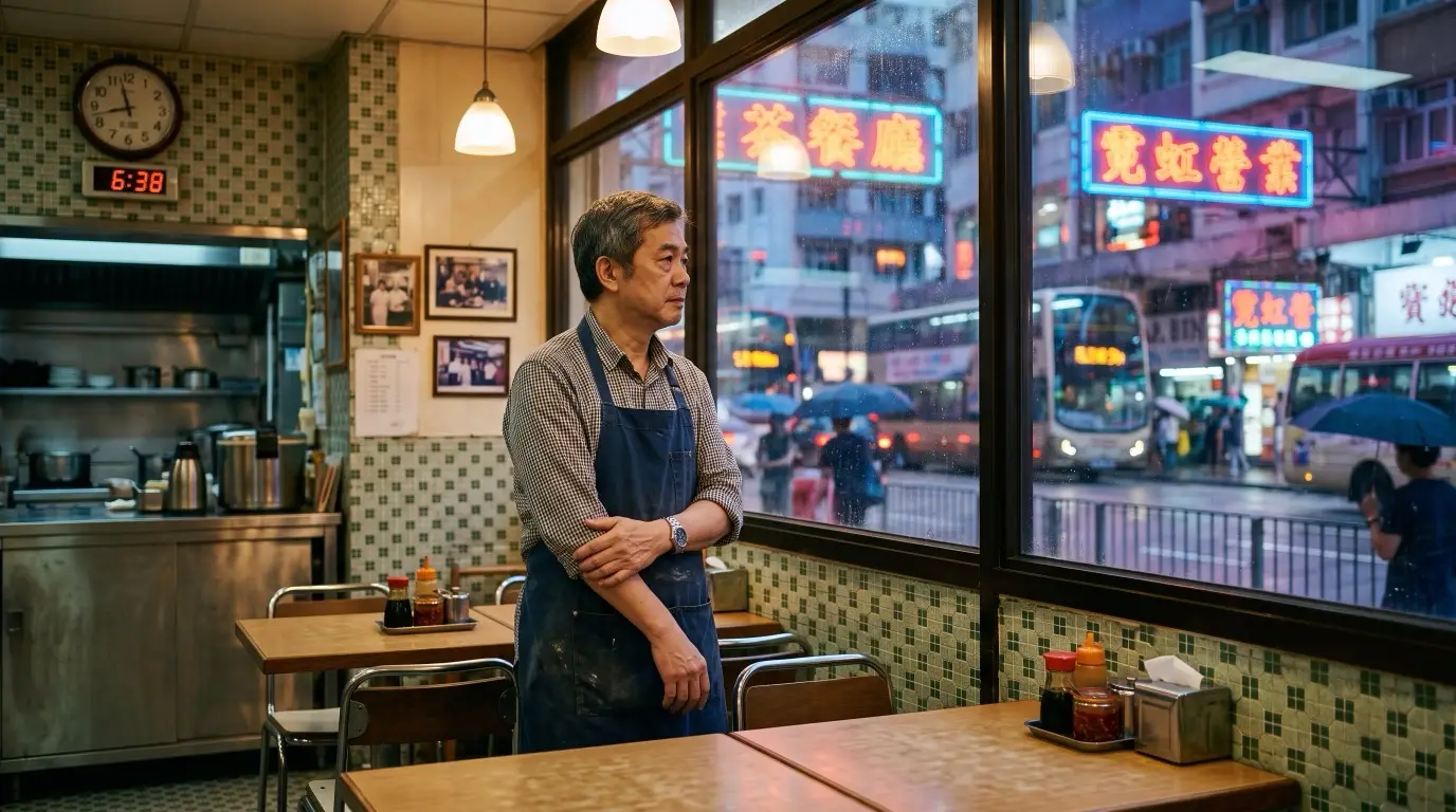 香港茶餐廳老闆望住窗外街道，反映港人北上消費、本地客流減少