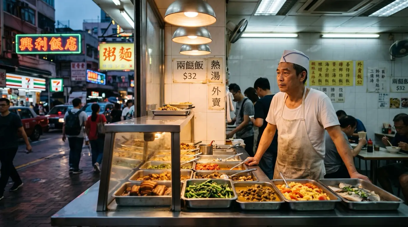A Hong Kong two-dish rice shop with dishes lined up in the hot counter and the owner standing behind it